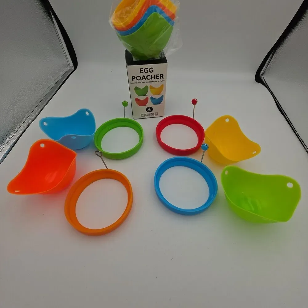 Silicone Egg Poacher Cups Lot of 8 + 4 Egg Rings Colorful Cooking Molds